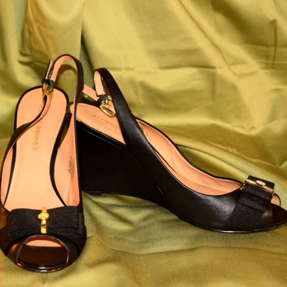 Black Faux Leather Peep Toe Wedges